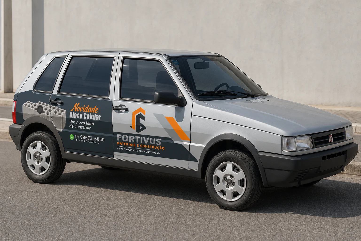 Fiat Uno prateado visto de frente e de lado, com a identidade Fortivus aplicada às portas e o bloco celular em destaque